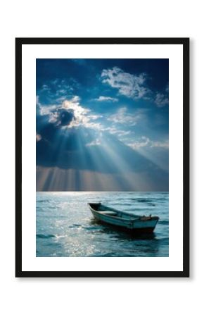Fishing Boat Drifting in Calm Sea Under Radiant Sunbeams in Clear Sky