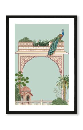 Mughal garden with ethnic arch, plant, peacock and pattern motif illustration for invitation
