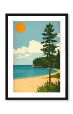Vintage michigan poster featuring lakefront beach and pine trees under orange sun