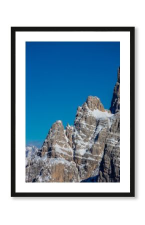 Winter Dolomites rocky tower mountain in Italian Alps, Trentino Alto Adige, Italy. Alps, alpine scenic landscape. Dolomites rocky mountain in Alpes at Cortina di Ampezzo. Tre Cime from Misurina