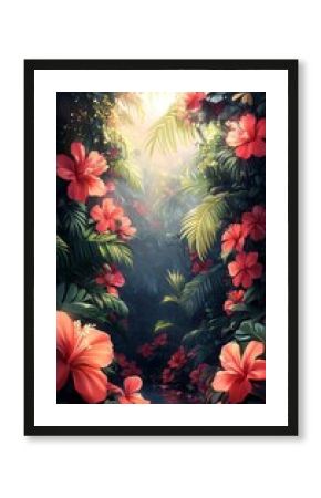 Tropical Oasis Pathway, Floral Paradise, Sunlight, Peaceful Scene, Stock Photo
