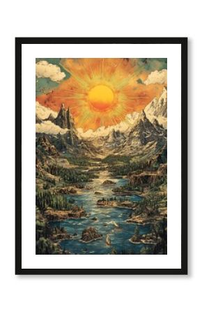 Majestic mountain landscape illustration featuring a bright radiant sun and a serene river image