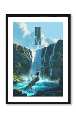 A young boy stands on a log in a glowing blue pool beneath a massive waterfall while a mysterious floating monolith hovers in the sky above, digital art style, illustration painting