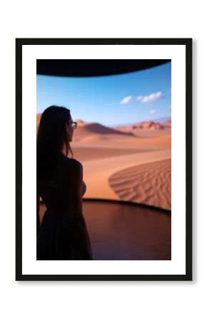 Woman admiring a desert landscape displayed on a large, curved video wall
