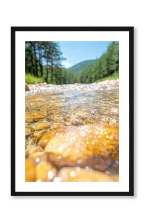 Clear River Water Flowing Over Smooth Stones in Mountain Valley