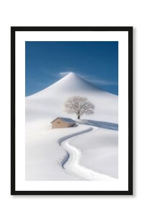 Snowy Path Winding Up a Symmetrical Hill, Winter Landscape