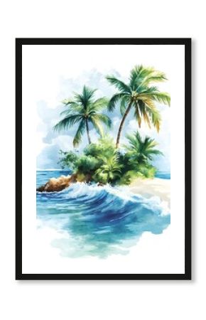 Tropical watercolor island with palm trees and waves