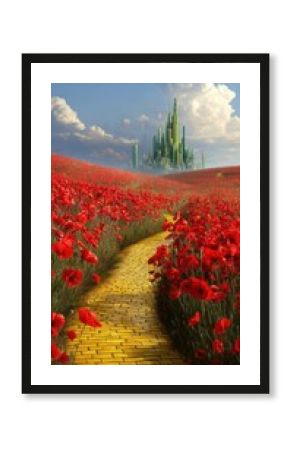 A stunning image of stunning image of stunning image of yellow brick road leading through poppy field to green emerald city in the distance. Wizard of Oz concept.