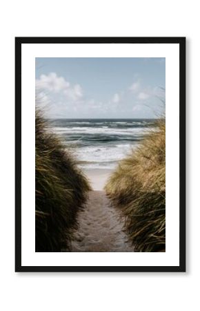 A pathway to the beach is captured in a vertical shot at the ocean's edge