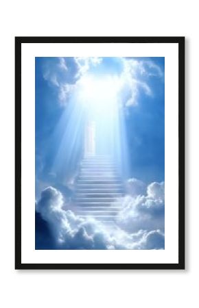 Stairway ascending toward an open door in the sky, with bright light streaming through fluffy clouds, evoking a sense of hope and inspiration in a serene, ethereal atmosphere