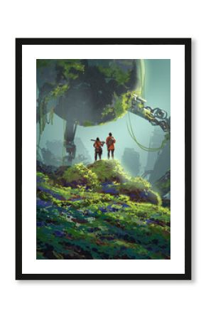 Two armed explorers stand on a lush hilltop facing a massive, vine-covered robotic machine in a futuristic jungle filled with ruins and regrowth, digital art style, illustration painting