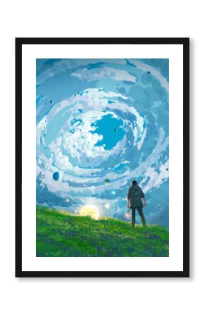 A man stands on a green hill under a surreal spiral sky filled with glowing planets and a small distant moon on the horizon, digital art style, illustration painting