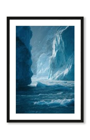 Serene arctic landscape with icebergs and icy waters under soft lighting in the north