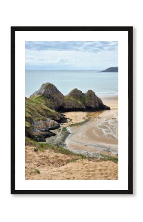 Three Cliffs Bay on the Gower Peninsular West Glamorgan Wales which is a popular Welsh coastline attraction travel destination of outstanding beauty in the UK, vacations stock photo image