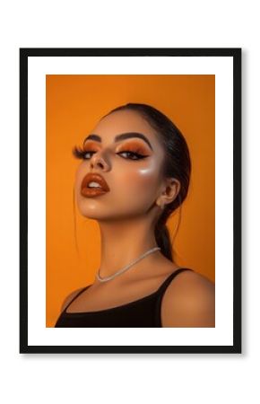 Young hispanic female with dramatic makeup and orange background