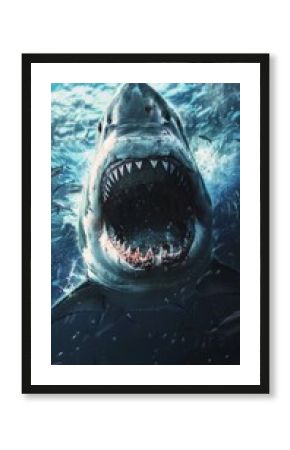 Close-up of a shark with its mouth open in the water. Useful for documentaries about marine life and nature.