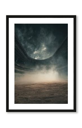 Stunning photo of empty arena large amount smoke rising from ground desolate rodeo.