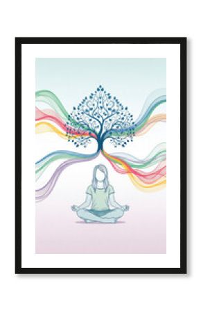 International yoga day concept: woman meditating with energy flowing into a tree above her head