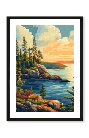 Michigan Illustration. Isle Royale National Park Poster Art Featuring Islands on Lake Superior Shore