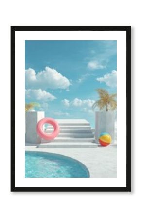 Stunning photo of 3d scene design for summer product display. Concrete stair podium with swimming ring and beach ball beside water. Concept of island beach or swimming pool.