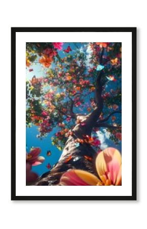 Colorful trees flowers and butterflies outdoor landscape illustration poster background