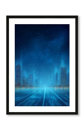 Futuristic Cityscape at Night with Digital Grid