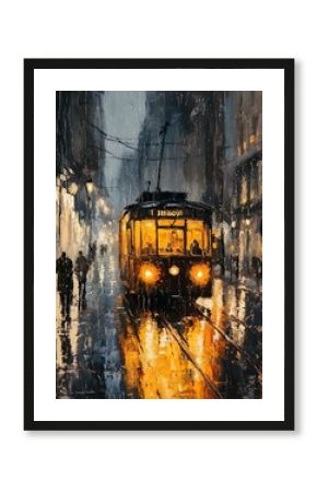 Oil painting of vintage tram on rainy city street with reflections