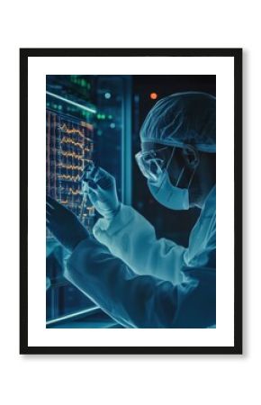 Forensic expert analyzing molecular data in high-tech lab digital environment scientific investigation close-up perspective