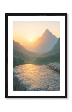 Sunrise Over Mountain Valley with Rock Foreground and Soft Golden Light  for natural products and seasonal showcases