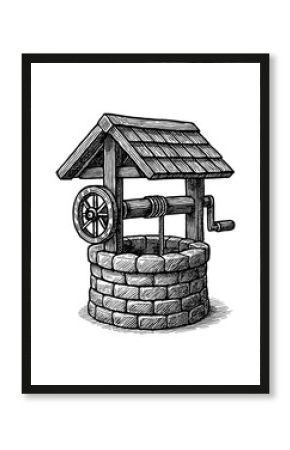 Illustration of water well in vintage engrave style black and white drawing, detailed vector