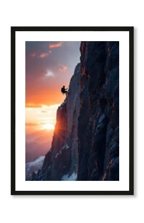 Silhouetted climber ascends jagged cliff at sunset in a dramatic wide shot.  