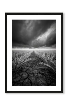 Cracked earth runs through an abandoned sugar cane field, where tufts of dried cane stand against a backdrop of dark, swirling clouds. The scene captures desolation and nature’s reclaim