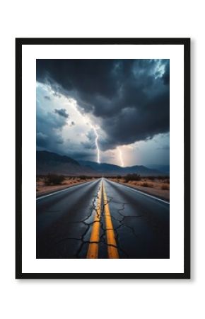 Desert Road Under Stormy Skies with Lightning Strike Cracked Pavement and Mountain Backdrop
