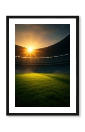 Sunrise casting golden glow over empty stadium field with dramatic architectural silhouette