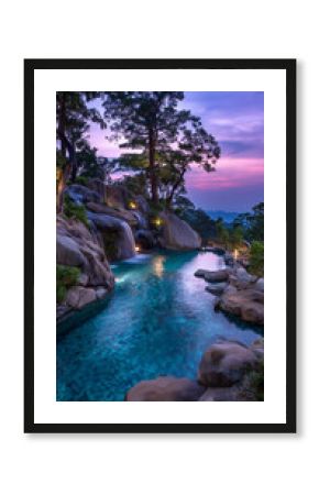 Beautiful swimming pool making like a river on the top of mountain , twilight.