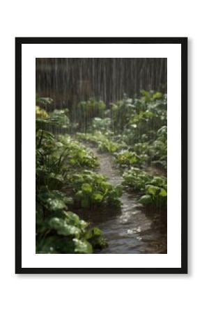 Lush garden plants under a heavy downpour with soil saturated by rainwater