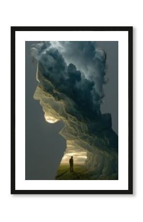 Bifurcated identity state: divided self, inner turbulence, mental schism, hidden emotion, fractured thought, dual presence, internal storm, cognitive gap, altered mood, psychological tension