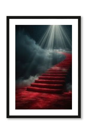 Beautiful red carpeted stairs lead to a bright light in a mysterious, cloud-filled atmosphere at night