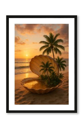 Landscapes of Sunset Oasis Hidden in a Giant Seashell