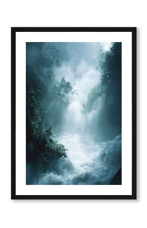 Rain and water flooding a tropical forest