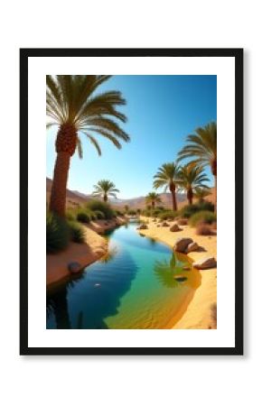 Tranquil oasis features swaying palms, shimmering water, and sun-drenched sands, creating a serene desert landscape perfect for travel and relaxation.