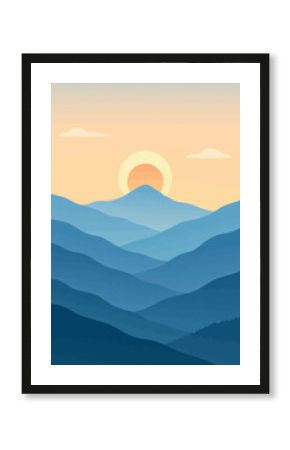 Flat vector landscape with layered blue mountains and sunrise in background, minimalist clean style