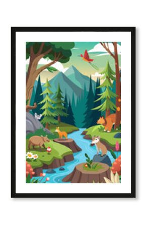 Vector art of a vibrant forest landscape with a winding river, majestic mountains, and a bird soaring in the sky at sunset