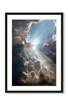 A radiant cross shines through dramatic clouds, evoking faith and spirituality.