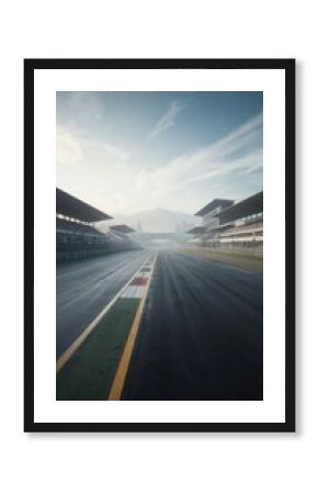 Empty race track perspective with grandstands, hazy mountains in distance. Asphalt surface shows wet patches, colored markings. Sky clear with wispy clouds. Scene evokes speed, competition,