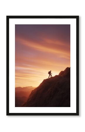 Silhouette of a hiker ascending a mountain at sunset. Inspiring image perfect for representing perseverance, ambition, and overcoming challenges. Great for adventure or motivational projects.