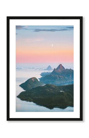 Aerial view Norway sunset landscape Helgeland islands and mountains travel Scandinavian destinations, beautiful places nature summer season epic midnight sun scenery
