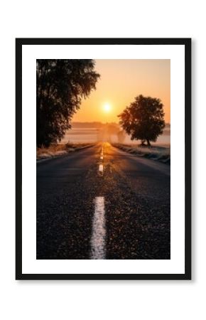 a long narrow country road stretching into the distance,  low sun rising directly at the end of the road