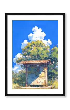 郊外の小さなバス停で待つ時間、手描きで描かれた田舎の風景と、懐かしい光が差し込む空気感を持つ風景画。心に残る一瞬を捉えたイラスト素材。