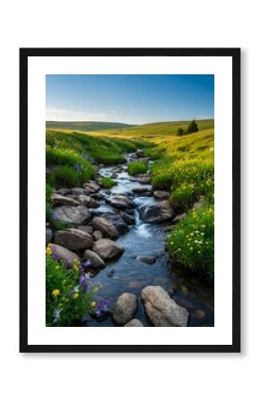 Beautiful landscape of a flowing river, bordered by a field of vivid wildflowers and rolling green hills